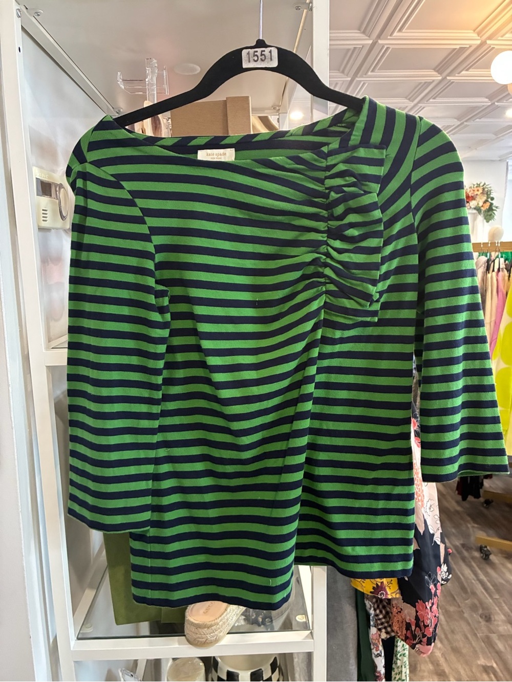 kate spade Green and navy Striped Ruched-Shoulder Long Sleeve Top